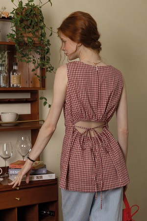 Square collar red check top