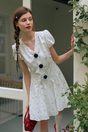 Flower ribbon puff sleeve dress