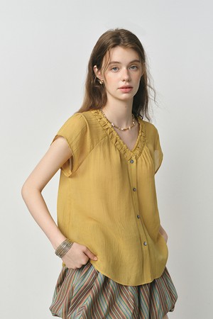 Loose v-neck short sleeve shirt_2color