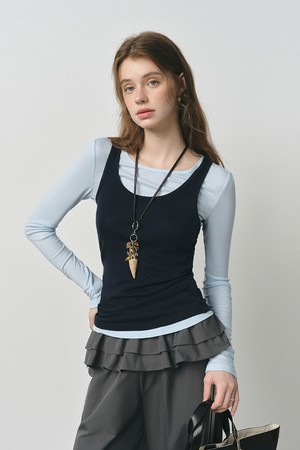 Contrast color layered two-piece set top