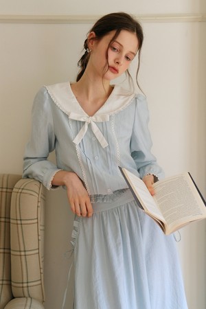Sky blue ribbon sailor collar blouse