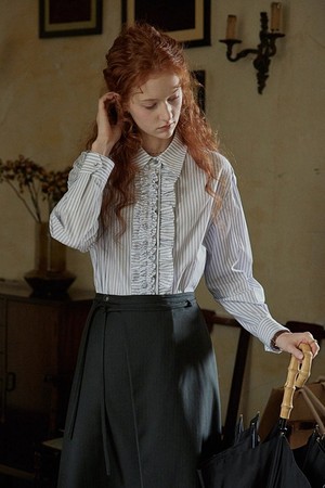 Ruffle striped cotton shirt