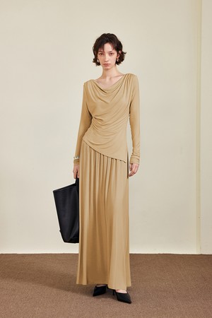 Diagonal slit waist dress_3color