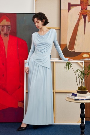 Diagonal slit waist dress_3color