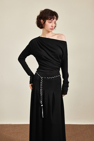 One-shoulder boat neck dress_3color