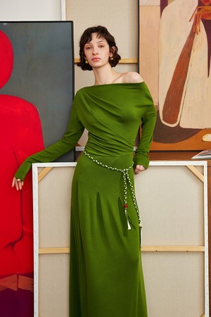 One-shoulder boat neck dress_3color