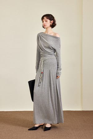 One-shoulder boat neck dress_3color