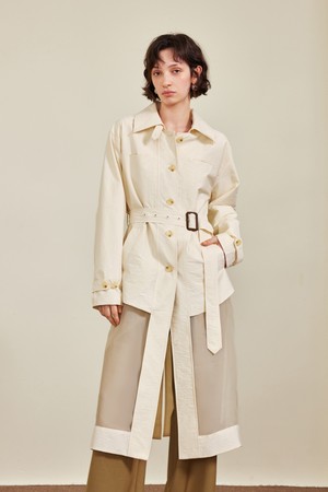 Belt cinched waist mid-length coat