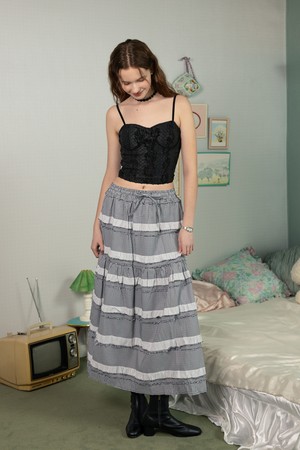 Layered lace check cake skirt_GRAY