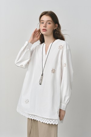 Hollow v-neck cotton blouse
