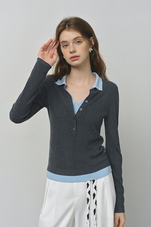 Button fake two-piece knit top_2color