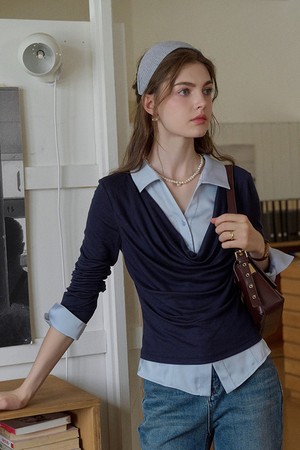 French patchwork top shirt_2color