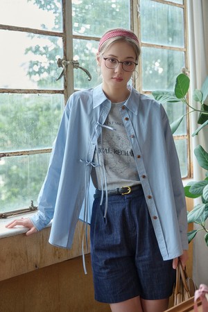 Lace-up bow cotton shirt_4color