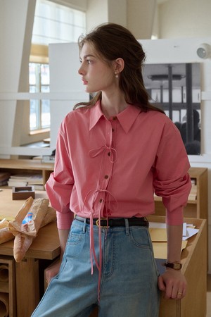Lace-up bow cotton shirt_4color
