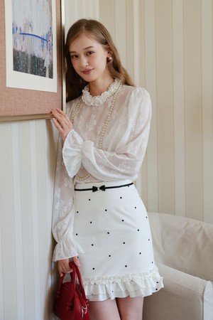 Slim ruffle flower dot skirt