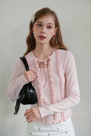Ruffle lace ribbon long sleeve top