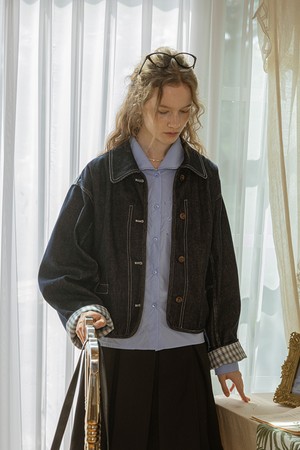 Lattice cuff denim jacket_BLACK