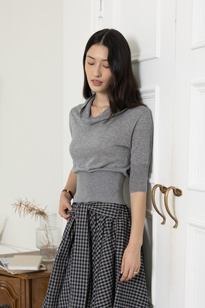 High neck knit short sleeves top_GRAY