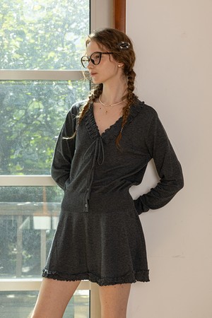 Ruffle v-neck ribbon cardigan set_GRAY