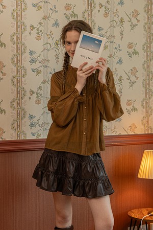 Leather shirring banding skirt_BROWN