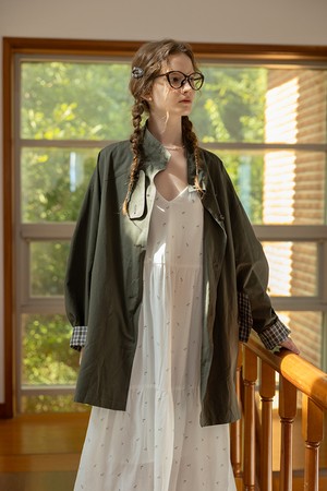 Plaid cuffs mid-length jacket_KHAKI