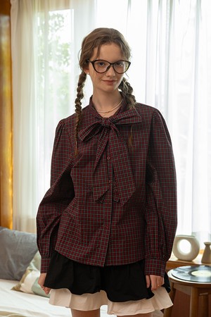 Check ribbon collar shirt_RED