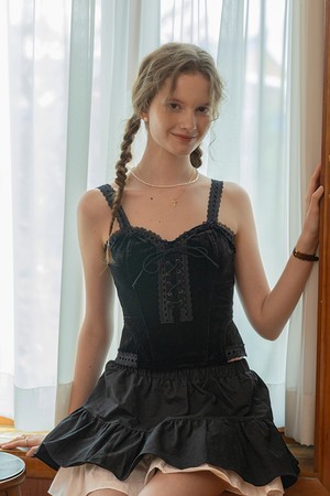 Velvet lace ribbon camisole top_BLACK