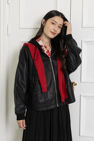 Hoodie leather jacket_BLACK