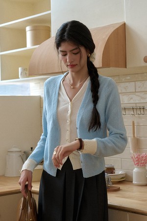 V-neck contrast fake cardigan_3color