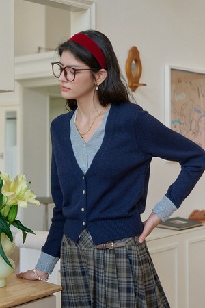 V-neck contrast fake cardigan_3color