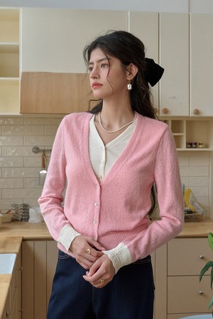 V-neck contrast fake cardigan_3color