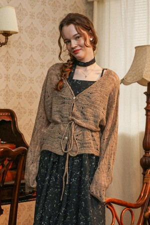 Drawstring knit cardigan_BROWN