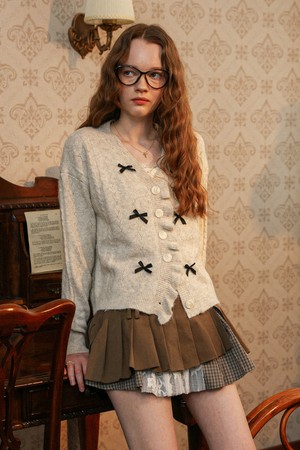 Black bow knit cardigan_IVORY