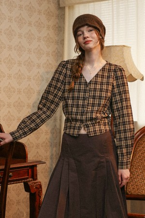 V-neck check long sleeves top_BROWN