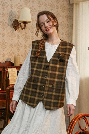 Plaid loose vest_BROWN