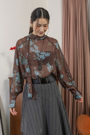 Brown floral sheer shirt_BROWN