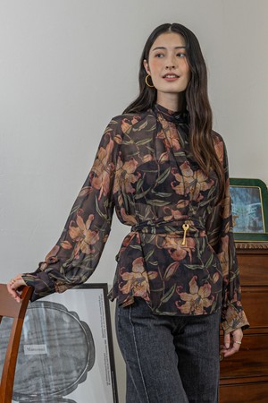 Dark floral belted shirt_BLACK