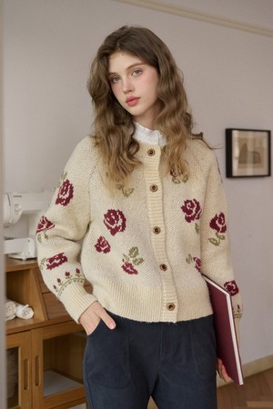 Rose jacquard knitted cardigan_2color