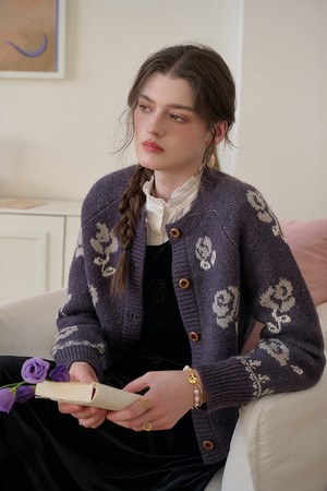Rose jacquard knitted cardigan_2color
