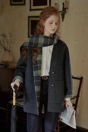 Plaid muffler collar coat