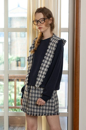 Plaid long sleeve and skirt set_NAVY