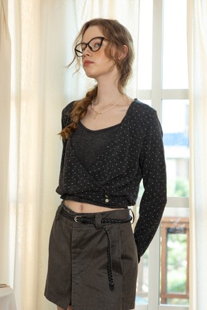 Polka dot vest and long-sleeved knit set_CHARCOAL