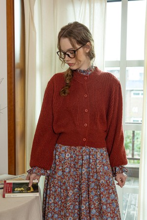 Red crewneck knit cardigan