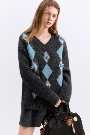 Bow argyle knit top