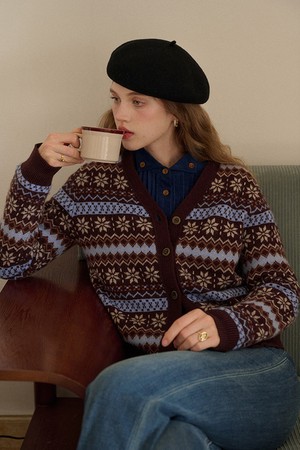 V-neck fair isle knitted cardigan