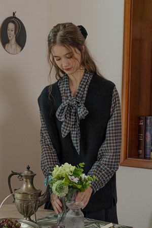 Light plaid ribbon blouse_GREEN