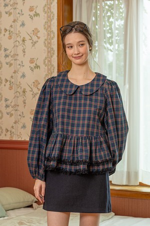 Check lace hem blouse_2color