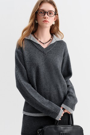 Contrast color lapel sweater