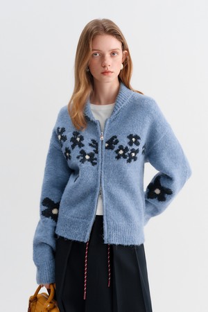 Flower zip-up knit cardigan