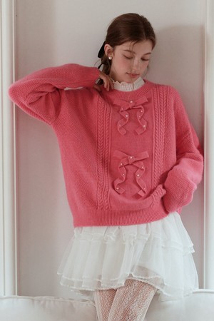 Pearl ribbon knit pullover sweater